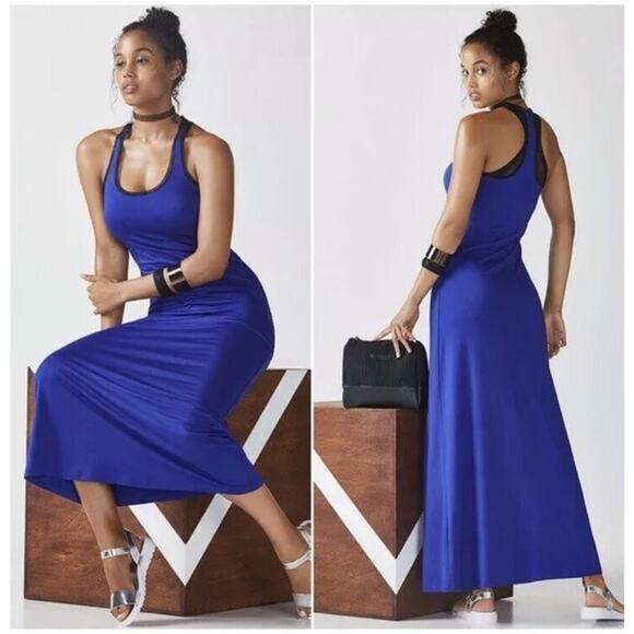 Fabletics Royal Blue A-Line Black Mesh Trim Maxi Dress Women's Size XL - Picture 1 of 13